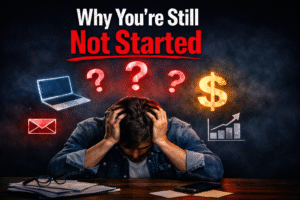Overwhelmed entrepreneur sitting at a desk with head in hands, surrounded by glowing icons of laptop, dollar sign, and question marks under dark navy lighting with red text ‘Why You’re Still Not Started’ — symbolizing frustration before discovering AI tools like Sella‑AI that simplify business tasks.