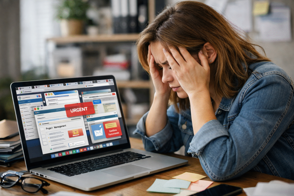 Overwhelmed businesswoman sitting at a cluttered desk, stressed while looking at a laptop with multiple tabs open — representing how non‑skilled users feel before discovering AI tools like Sella‑AI that simplify business tasks and content creation.